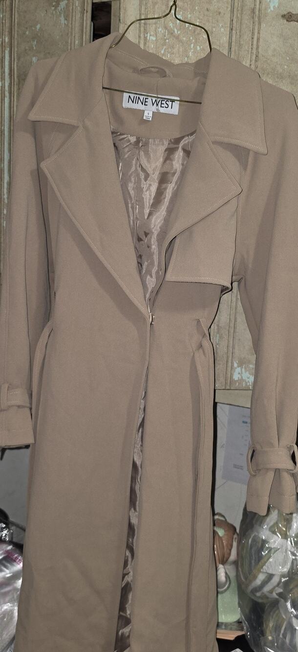 Nine West Women's Small Dress Coat Beige Single Button Tie NWOT